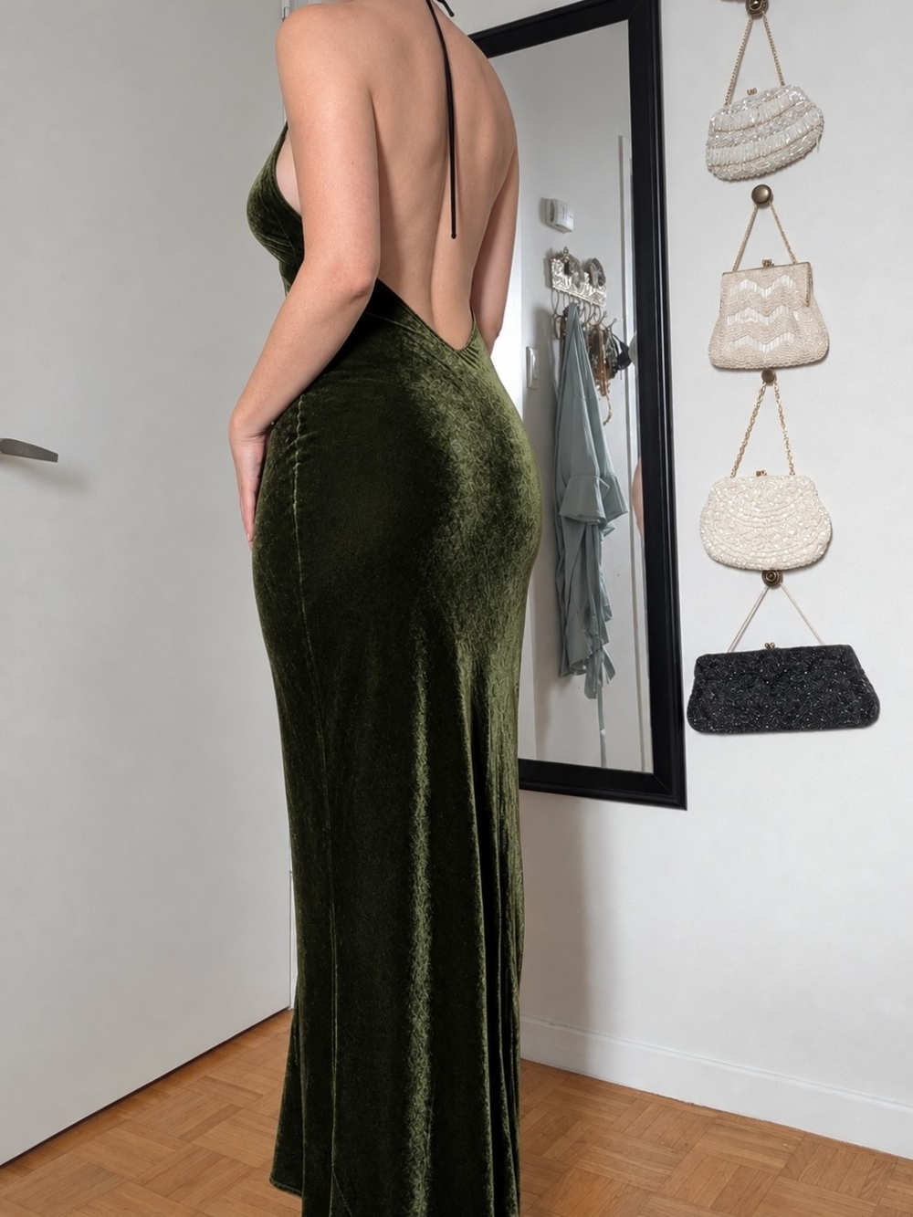 Olive Green Backless Velour Evening Dress